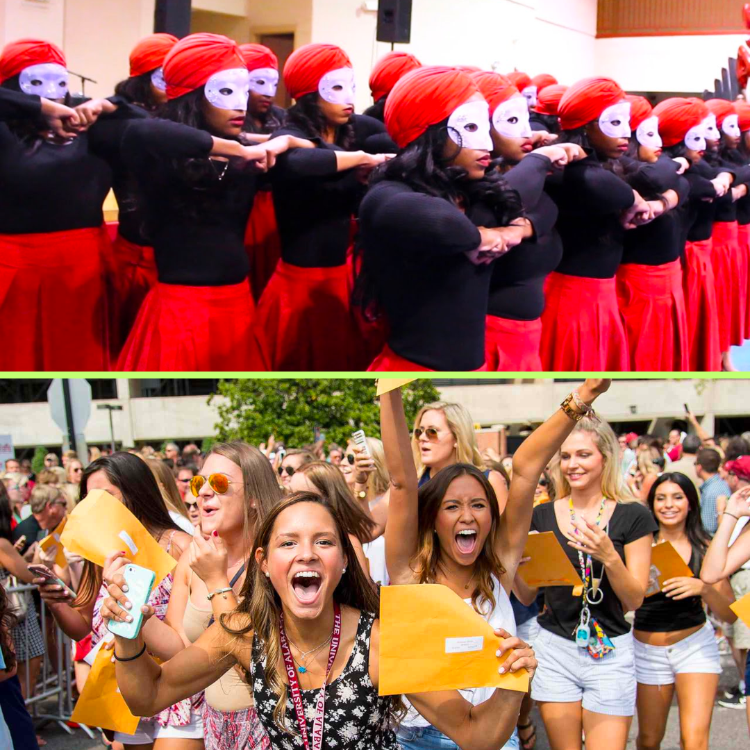 A split image with members of Delta Sigma Theta Sorority in red skirts, black long sleeved tops, red berets and white masks. On the bottom are several freshmen women from the University of Alabama on bid day with envelopes in hand. 